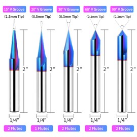 EANOSIC 5PCS CNC Wood Carving Router Bits Set, 1/4'' Shank, 15° Detail Carving Liner+ 20° Profile bit+30°+60°+ 90° V Groove Router Bit Set