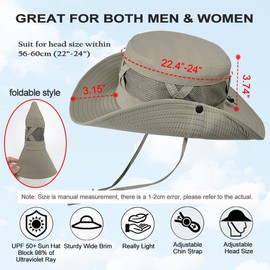 Sireck Fishing Hat, UPF50+ Wide Brim Sun Hat for Men Women, Water Resistant Breathable Summer Sun Protection Safari Hat Outdoor Camping Beach Hiking Boonie Bucket Hats (Khaki)