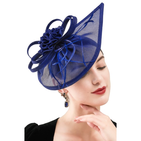 Fascinators Hat for Women Tea Party Headband Kentucky Derby Wedding Cocktail Flower Mesh Feathers Hair Clip, E-0-royal Blue, One Size