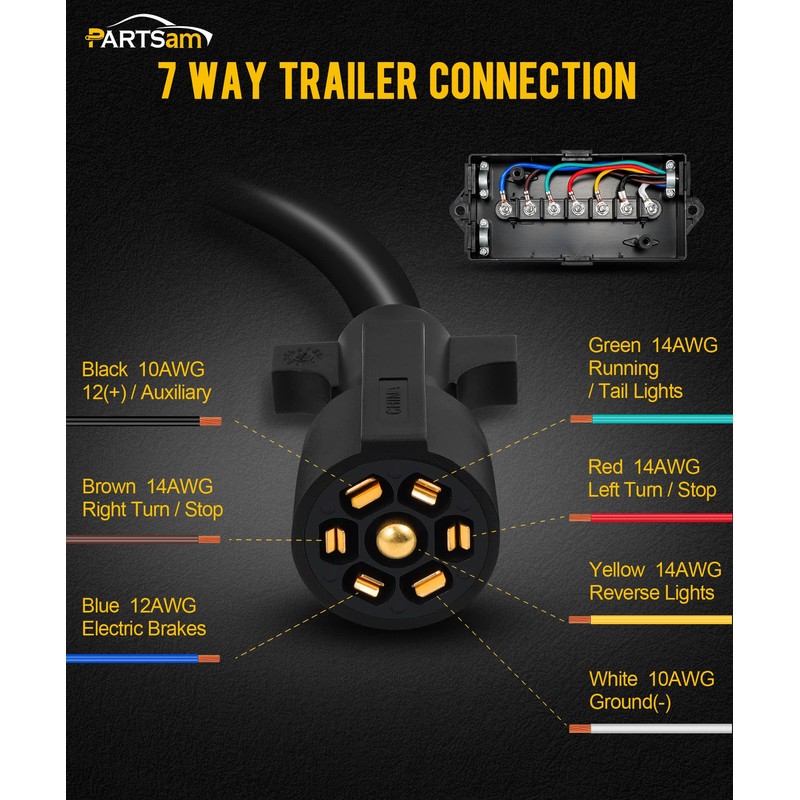 PARTSam 7 Way Trailer Wiring Harness Kit 8ft Trailer Cord