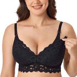 MOMANDA Women's Lace Nursing Bra Lace Bralette Padded No Underwire Maternity Bras Breastfeeding Pregnancy Black 32B