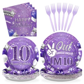 Grencian 96Pcs Purple 10th Birthday Decorations for Girls Purple 10th Birthday Plates and Napkins Disposable Glitter Out Single Digits I'm 10 Paper Tableware for 10 Years Old Party Supplies, Serves 24