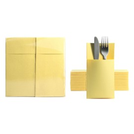 Aroba 50 Soft Point Cutlery Napkins, Soft Material, Volume and Structure, Ready-Folded Napkins with Slot, 39 x 38 cm, 1/8 Fold Cutlery Bag, Good Quality, Yellow
