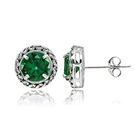 Sterling Silver Simulated Emerald Round Oxidized Rope Stud Earrings