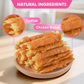 Puddonio Dog Treats, Chicken Wrapped Cod Fillets, Rawhide Free Healthy Dog Snacks, Soft Dog Treats for Small Dogs, 20 oz