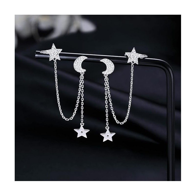 925 Sterling Silver Cuff Earrings Chain for Women Asymmetric Star