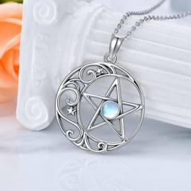 URONE Pentagram Necklace Sterling Silver Pentagram Moonstone Pendant Wicca Jewellery Gifts for Women Girls, Sterling Silver, Moonstone