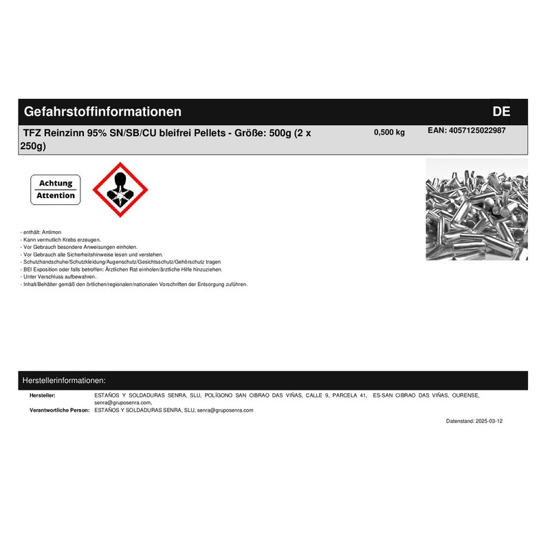 TFZ Pure Tin 95% SN/SB/CU Lead-Free 2 x 250g Pellets