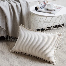 Fancy Homi Pack of 2 Boho Rectangle Decorative Throw Pillow Covers with Pom-poms, Soft Corduroy Accent Solid Cushion Case Set for Couch Sofa Bedroom Car Living Room (12x20 Inch/30x50 cm, Cream)