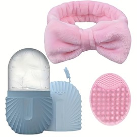 Juego de 3 Piezas Facial Enfriamiento Hielo Rodillo Facial Enfriamiento Hielo Rejilla, Cepillo de Silicona para Limpiar la Cara, Diadema para el Cabello (blue)