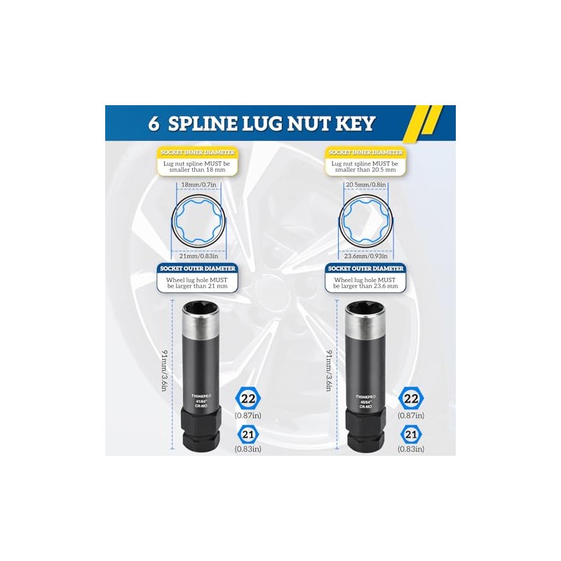 6 Spline Lug Nut Socket Set,2 Piece Lug Nut Key