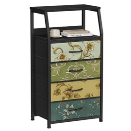 Furnulem Retro Dresser for Bedroom, Small Dresser for Closet, Vintage Nightstand with 4 Drawers, Fabric Storage Organizer Bedside Table Side Furniture, Metal Frame, Wood Top