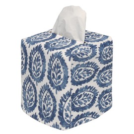 Fabric Tissue Box Cover, Tissue Holder Slipcover, Slips Over Square Cube Cardboard Facial Tissue Boxes -Decorative Blue Blockprint Cotton Fabric, Made in USA