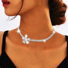 JEAIRTS Flower Rhinestone Choker Necklace Silver Crystal Chokers Sparkly Party Prom Necklace Jewelry for Women