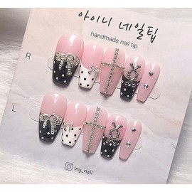 [In-Store Special Discount]Y2K Blackpink Dot Gyaru Handmade Nail Tips - Stiletto / [입점초특가할인]Y2K 블랙핑크 도트갸루 수제네일팁 - 스틸레토