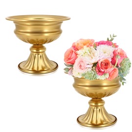 AZXTOSPEZ Gold Compote Vases for Centerpieces: Wedding Flower Vase for Tables 6.5 Inch Small Metal Urn Pedestal Bowl for Party Anniversary Event Home Decor Set of 2