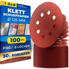 S&R Velcro Sandpaper Set 125 mm, Master, 8 Holes, 100 Pieces in P180 Grit, Sanding Sheets, Sanding Discs for Random Orbital Sanders, Velcro Sandpaper, Reliable Adhesion to Sanding Disc