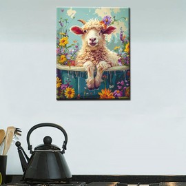 Farmhouse Animal Cow in The Tub Paint by Number Farm Cow Looking at You DIY Painting on Canvas with Brushes Acrylic Paints Paint by Numbers for Adults and Kids Beginner 16x20 Inch（DIY Frame）