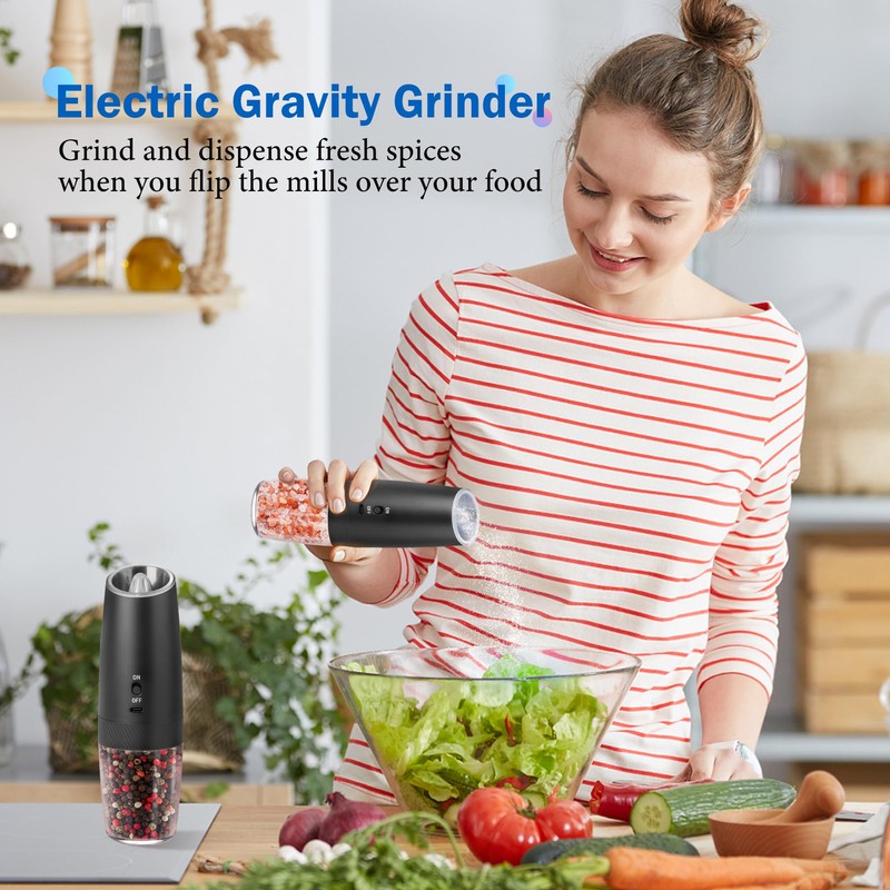 2Pcs Gravity Electric Salt and Pepper Grinder Set, USB-C rechargeable