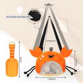 AMOR PRESENT Mesh Beach Bag for Kids, Shell Collecting Bag with Shovel Crab-Shaped Seashell Bag Adjustable Strap for Holding Shell Sea Pool Sand Toy, Orange
