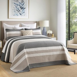 FineStichery 100% Cotton Oversized King Quilt Bedspread Coverlet, 120"x120" Extra Large Quilt Set with 2 Pillow Cases, Yarn Dyed Striped, Soft Reversible Bedding Set, Gray/White/Oatmeal Gray