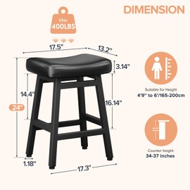 Raynesys Counter Height Bar Stools Set of 3, 24 Inch Barstools for Kitchen Counter, Kitchen Stools with Bonded Leather Saddle Seats & Heavy Duty Metal Legs, Easy Assembly, Brown/Black