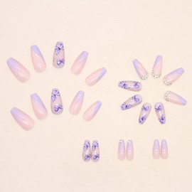 MERVF Press on Nails Long Coffin Fake Nails Purple French Tip Ballerina Acrylic Nail with Glitter Rhinestones Designs Butterfly Glue ons 24pcs Glossy