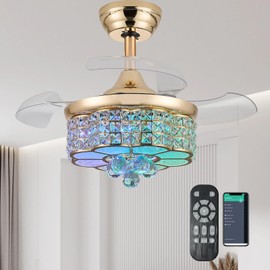 Zynfandor 30" RGB Retractable Crystal Ceiling Fan with Light Dimmable Bluetooth Chandelier Fan, 6-Speed Timer, APP Remote Control for Bedroom,Gold