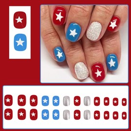 4th of July Press On Nails Extra Short Square,YEFIUO Red Blue Fake Nails Press ons Nail Art Tips Acrylic Nail Kit Glue on Nails Full Cover False Nail with White Pentagram Design for Ma'am 24 Pcs
