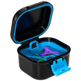 ANYLEY Denture Case, Definitely No-Leak Denture Bath Cup with Strainer for Travel, Household & Office, Completely Clean Care for Retainer, Mouth Guard, & Denture (Black+Blue)