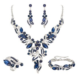 EVER FAITH Costume Party Jewelry Art Deco Marquise Crystal Y-shaped Necklace Dangle Earrings Bracelet Cuff Ring Set for Prom Blue Silver-Tone