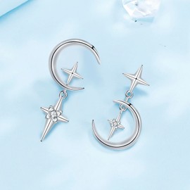 Arrebol Moon Star Earrings 925 Sterling Silver for Women Asymmetrical Stud Earrings Original Jewellery for Women Gift, Silver, Cubic Zirconia