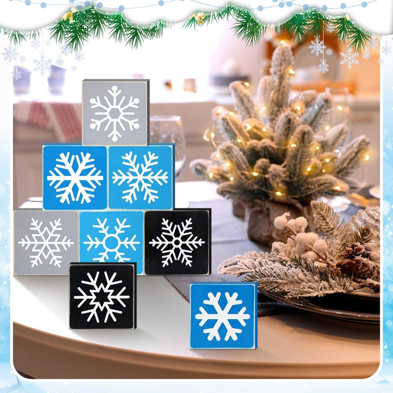 8 Pcs Snowflake Wooden Signs Winter Tiered Tray Decor Christmas