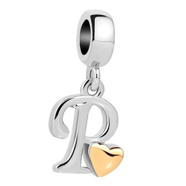 QueenCharms Initial A-Z Letter Charm Golden Heart Alphabet Dangle Beads For Bracelets & Necklaces (P)