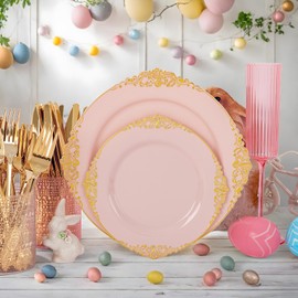 Joyido 125PCS Pink and Gold Plastic Plates - Pink Disposable Plates - Easter Plate with Gold Plastic Silverware Set for 25 Guests for Weddings Parties Easter