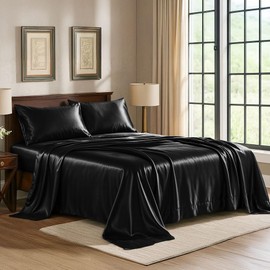 Pure Bedding Satin Sheets Full [4-Piece, Black] Hotel Luxury Silky Bed Sheets - Extra Soft 1800 Microfiber Sheet Set, Wrinkle, Fade, Deep Pocket Fitted Sheet, Flat Sheet, Pillow Cases