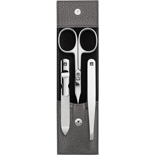 ZWILLING 3 Piece Cowhide Leather Manicure Set with Press Stud + Nail Scissors - Charcoal