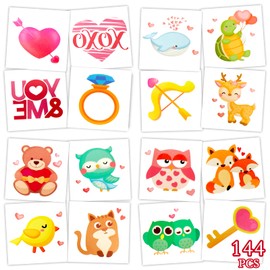 Konsait 144 pcs Valentine's Day Temporary Tattoos for Adults Kids - Cute Valentines Heart Tattoos Animal Tattoos Stickers, Valentines Gifts, Valentines Party Favors, 48 Design