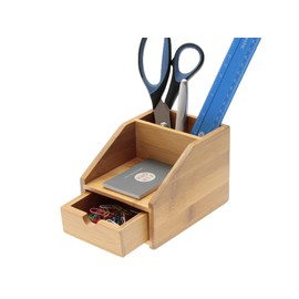 Woodquail Small Desk Stationery Organiser with Drawer, Made of Natural Bamboo