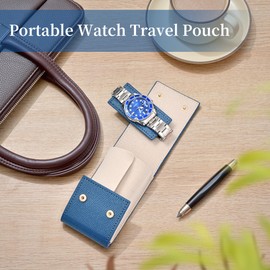 Travel Leather Watch Pouch/Watch Travel Case with Suede Lining/Luxury Leather Travel Watch Case Single Watch Pouch for Men and Women (Blue)