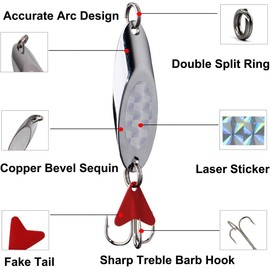 Fishing Lure Spoon Metal Lure Bait Jig Treble Hooks Spinners Artificial Hard Lure Split Rings for Trout 40g - 5pcs