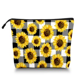 Scribesense Makeup Bag Travel Makeup Organizer Waterproof Cosmetic Bag Pouch with Zipper 6.7x9.45in for Women Female Friend Mom - Sunflower Black And White Plaid