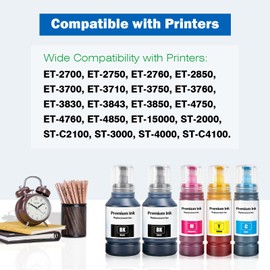 Replacement for EPT502 Ink Bottles Us with ET-2700 ET2750 ET2760 ET-2850 ET-3700 ET-3710 ET-3750 ET-3760 ET-3830 ET-3850 ET-4750 ET-4760 ET-4850 ET-15000 ST-2000 ST-3000 ST-4000 Printer (2BK/C/M/Y)