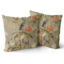Chinoiserie Pillow Cover 18x18 Inch Brown Vintage Bird Flower Throw Pillow Covers Farmhouse Floral Decorative Pillowcase Outdoor Cotton Square Cushion Cover for Couch Sofa Bedroom Decor (Pack of 2)