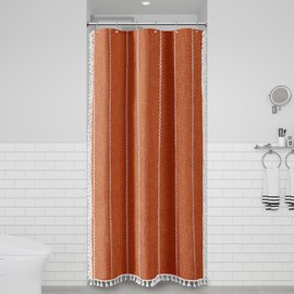 BTTN Boho Shower Stall Curtain - 36x72 Narrow Linen Ultra Thick Striped Tassel Fabric Shower Curtain Set with 6 Hook, Half Modern Farmhouse Cottage Weighted Shower Curtains for Bathroom - Burnt Orange
