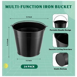 Rtteri 24 Pcs Metal Bucket, Small Metal Bucket, Party Favor Buckets with Handle, 6 x 5 Inch Ice Bucket, Flower Pot Plant Basket, Mini Containers for Crafts Candy(Black)