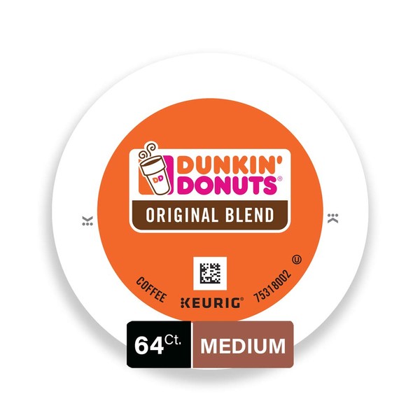 Dunkin' Donuts Original Blend Medium Roast Coffee, 64 K Cups for Keurig Coffee Makers