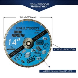 RHAPSODY 14 Inch Diamond Concrete Saw Blade 2pcs, Turbo Segmented General Purpose Blade Dry/Wet Cutting Concrete, Reinforced Concrete, Masonry, Brick, Block,1"-20mm Arbor