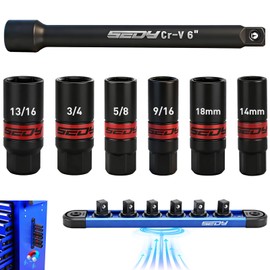 8-Piece 3/8''-Drive Spark Plug Socket Set, SAE & Metric Impact Spark Plug Socket Set with Magnetic Rail, 9/16-inch, 5/8-inch, 3/4-inch, 13/16-inch, 14mm, 18mm, Extension Bars