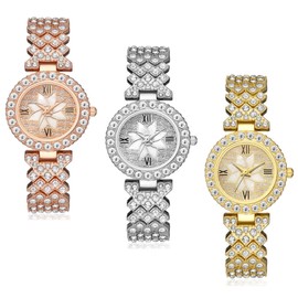 Dacdyi 3Pcs Women Ladies Luxury Watches Wholesale Flower Diamond Bracelet Watch Round Dial Analog Quartz Wristwatches